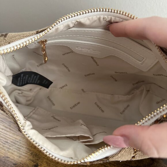New Bebe Brown Grey Shoulder Bag Crossbody Gold Chain Pouch Sparkly Rhinestones - Picture 6 of 6